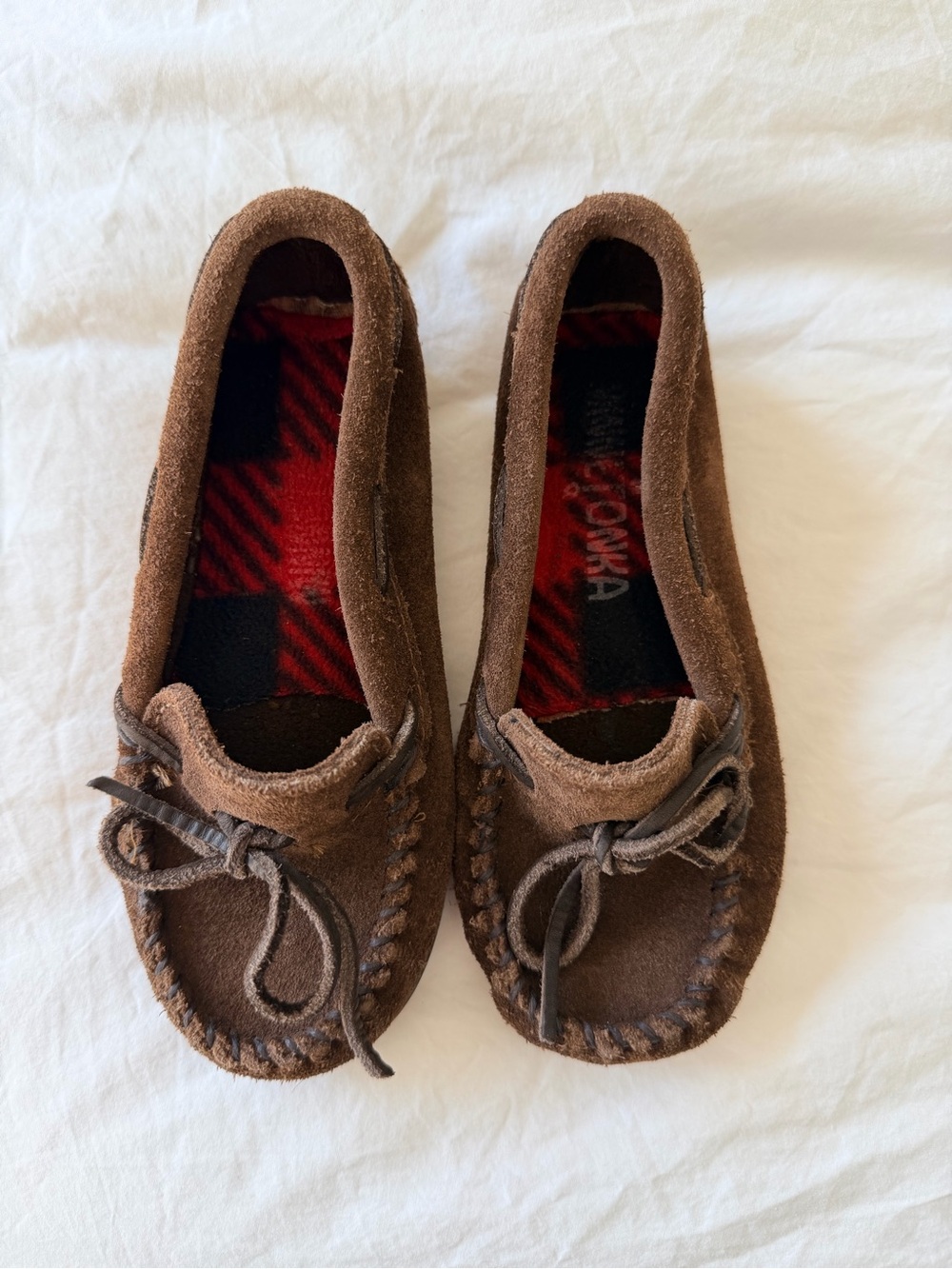 Minnetonka Brown Suede Kids Moccasin Slippers with Red Plaid Lining